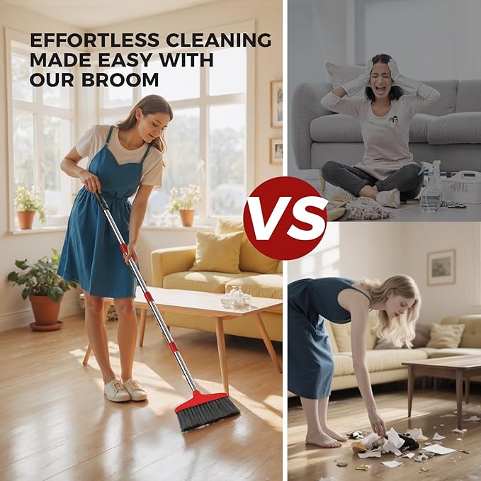Handy Broom, Indoor/Outdoor Brooms, Duty Kitchen Broom, for Home Garage Kitchen Office Courtyard Lobby Patio Lawn Concrete (2, Red)