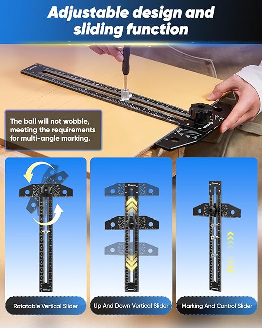 Saker Aluminum Alloy Multi-Angle Marking Ruler,Adjustable Sliding T-Square with Scriber & Protractor,Precision Layout Tool for Woodworking, Carpentry & Design (Black)
