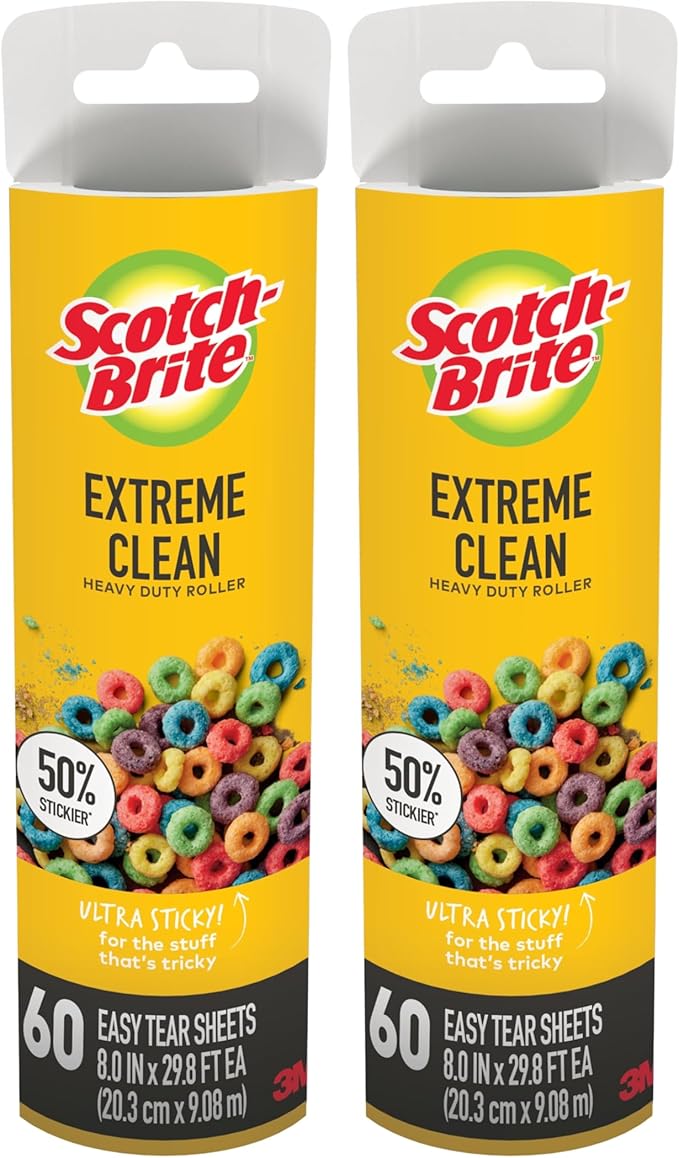 Scotch-Brite Extreme Clean Large Surface Lint Roller Refills, 8 in x 29.8 ft, 50% Stickier, 60 Easy Tear Sheets Each, 2 Pack (120 Sheets Total)