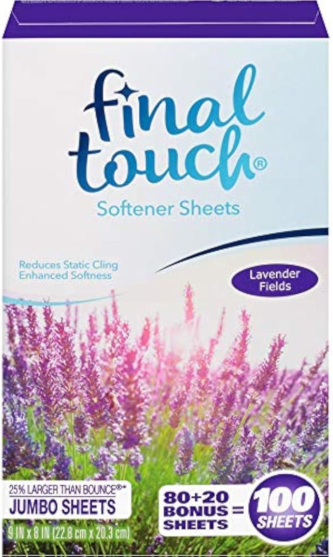 Lavender Fields Scented Fabric Softener Dryer Sheets by Final Touch | Softens & Freshens Laundry | Controls Wrinkles & Static Cling | Repels Lint & Hair | Long-Lasting Fresh Scent | 100 Count