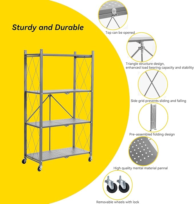 BRIAN & DANY 4-Tier Foldable Storage Shelves with Wheels, Folding Metal Rack Shelving Unit, Heavy Duty No Assembly Organizer Shelf for Garage, Kitchen, Basement, Pantry, Gray