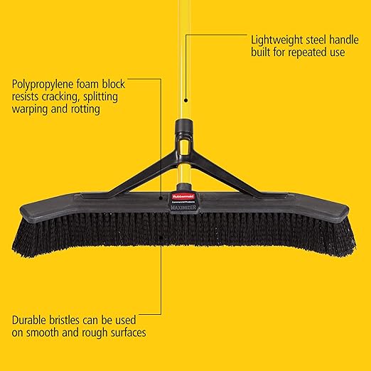 Rubbermaid Commercial Products Maximizer 36" Push to Center Push Broom Polypropylene Fill Black Angled Sides Medium Bristles for Indoor/Outdoor Multi-Surface Use