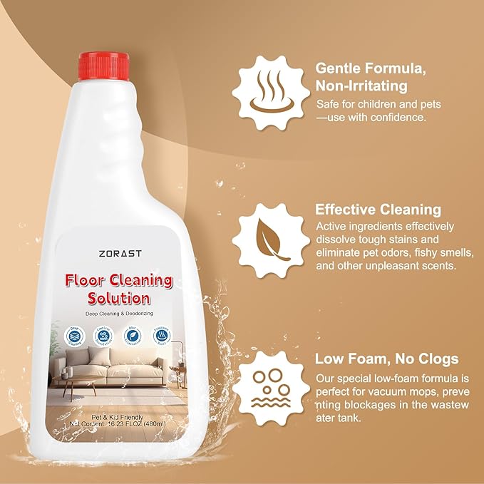 Floor Cleaning Solution, 16.23 Fl Oz Pack of 2 , Compatible with All Roborock Mopping Robots (S7, S8, Qrevo, Q7, Q8 series),Deep Streak Cleans for Multiple Hard Floors, Low-Foam Delivers Clog Free