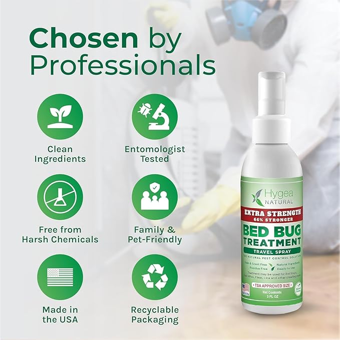 Hygea Natural Extra Strength Bed Bug & Mite Natural Travel Spray - TSA Approved Size - Child & Pet Friendly - Stain & Odor Free - for Hotel, Suitcase, Backpack, Shoes - 66% Stronger Formula(2pk, 3 oz)