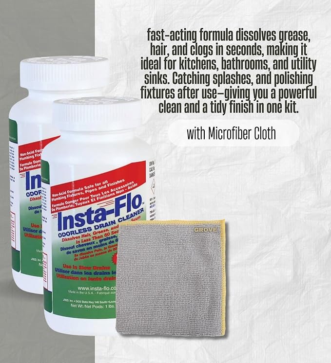 Drain Clog Remover – Insta-Flo Crystals Drain Cleaner 1 lb Bundle with Microfiber Towel – Fast-Acting Non-Acid Powder for Grease, Hair, and Soap Clogs in Drains and Pipes – Gift Set (3 Items)