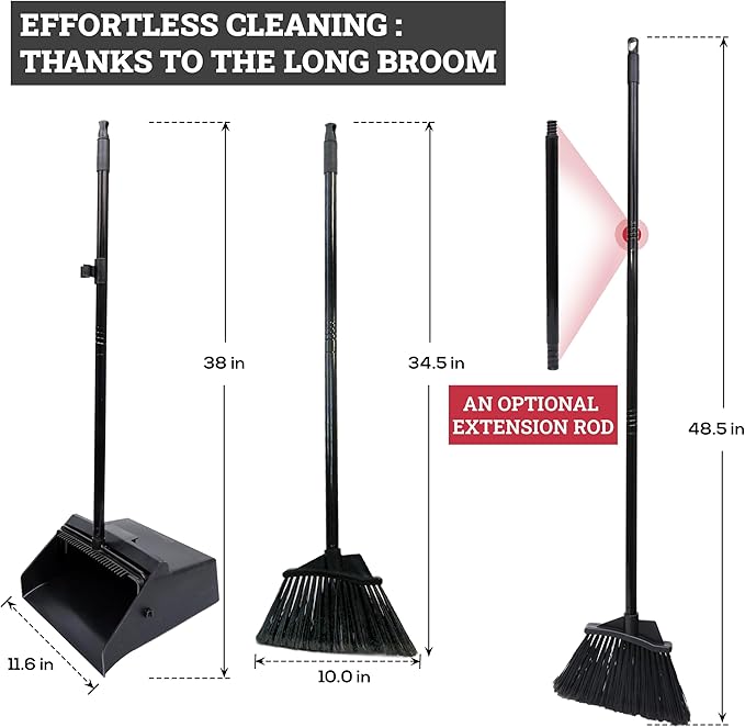 KLEEN HANDLER 48.5" Broom with Dustpan Combo Set with Long Handle for Home, Kitchen, Office, Lobby, Indoor/Outdoor Sweeping & Commercial Use, Black (1 Set)