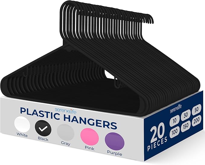 SereneLife Premium 20 Pack Plastic Hangers, Lightweight, Durable, Space Saving Clothes Organizers, Suitable for Shirts, Sweaters, Hoodies, Dresses, Kids Clothes, Good for Home Organization (Black)