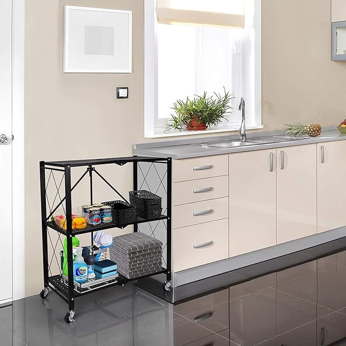 HealSmart Heavy Duty 3-Tier Foldable Metal Rack, 14.96" D x 27.95" W x 34.25" H Storage Shelving Unit 750 lbs with Wheels Moving Organizer Shelves for Garage Kitchen, Black