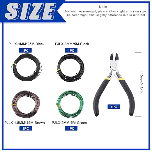 Glarks 4 Rolls Bonsai Wires Kit, 2mm 3mm 1mm 1.5mm Aluminum Bonsai Training Wire Tree Branches with Wire Cutter, 164 Feet Anodized Aluminum Set for Holding Bonsai Branches Small Trunks