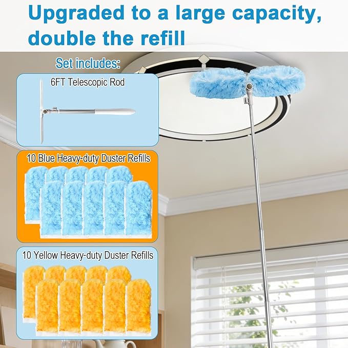 6 ft Extendable Duster Handle with 20 Refills, Duster with Extension Pole, Disposable Microfiber Dusting Pads for Home Cleaning,High Ceiling, Fan, Window, Hard-to-Reach Areas