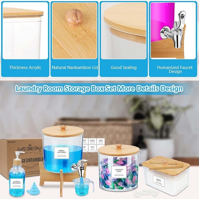 Liquid Laundry Detergent Dispenser, 10 Set Laundry Room Organization Laundry Pods Container & Dryer Sheet Holder with Lids & Labels, Fabric Softener Dispenser for Detergent Powder Dryer Balls Beads