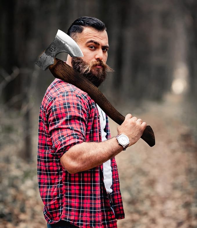 Camping Axe - 21 inches Chopping Axe for Wood Splitting and Kindling, 1055 High Carbon Steel and Beech Wooden Handle, with Leather Sheath - Head 1.5 lbs