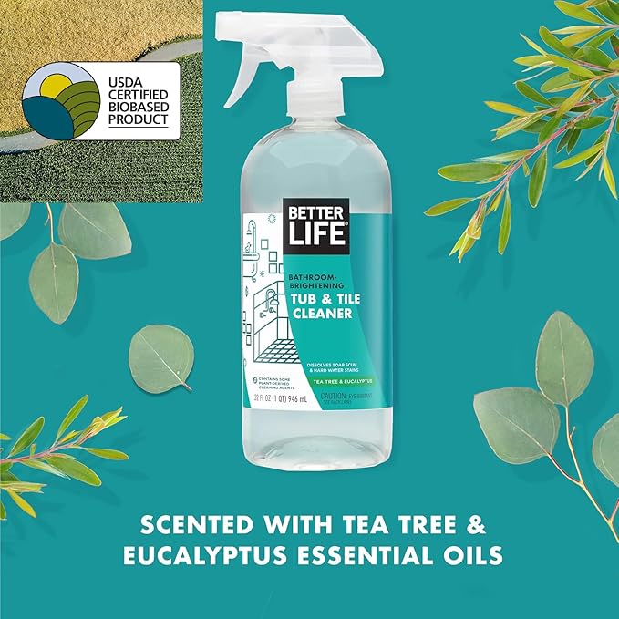 BETTER LIFE Bathroom Cleaner - Tea Tree Bathtub & Shower Cleaner Spray for Glass and Tile - Foaming Mold and Mildew Remover for Tub Works on Hard Water Stains - 32oz, Pack of 1
