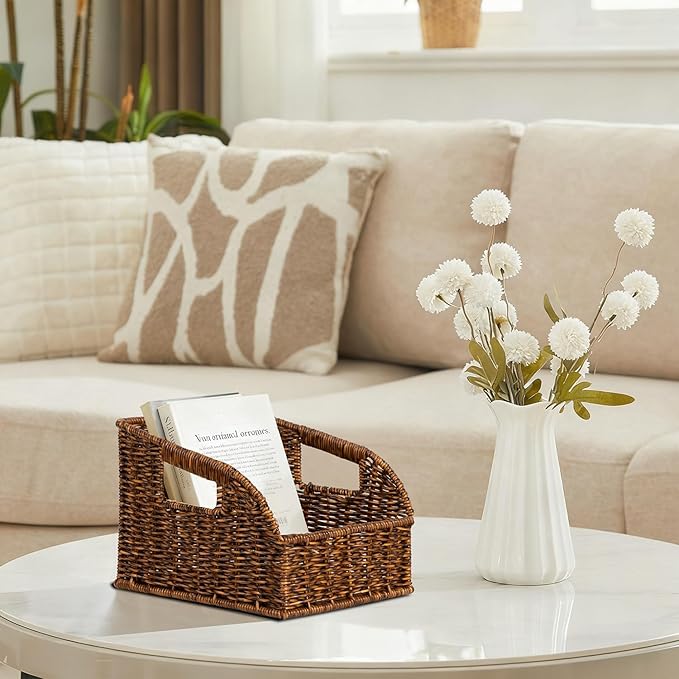 Pantry Organizers and Storage Baskets for Organizing with Handles, Large Woven Storage Baskets for Shelves, Kitchen, Laundry, Waterproof Storage Bins for Fruit, Bread, Vegetable, 3Pack, Brown