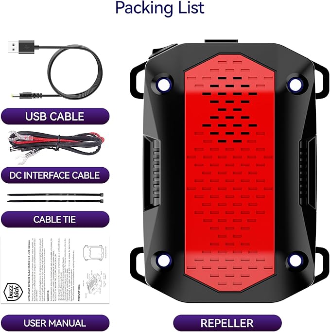 Ultrasonic Rodent Repellent, Plug-in Mouse Rat Pest Bat Squirrels Skunks Repellent for Car with Battery Powered Under Hood, Keep Mice Out of Cars Engines, Indoor, Outdoor, Garage, Room