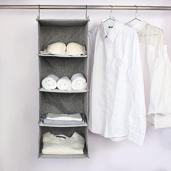 Hanging Closet Organizer, Easy Mount Collapsible 4-Shelf Camper Closet Wardrobe Hanging Storage Shelves, Folded Clothes Towels Handbag Shoes Accessories Storage, Linen Cloth, Gray