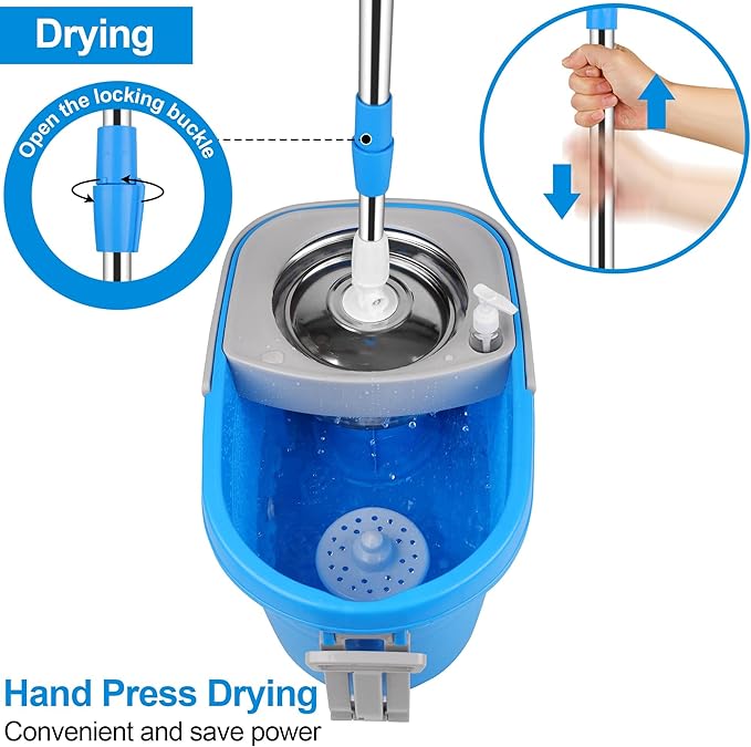 Spin Mop and Bucket with Wringer Set, 3 Washable Microfiber Pads Included for Floor Cleaning, Adjustable Stainless Steel Handle, Easy Moving with Wheels, Blue