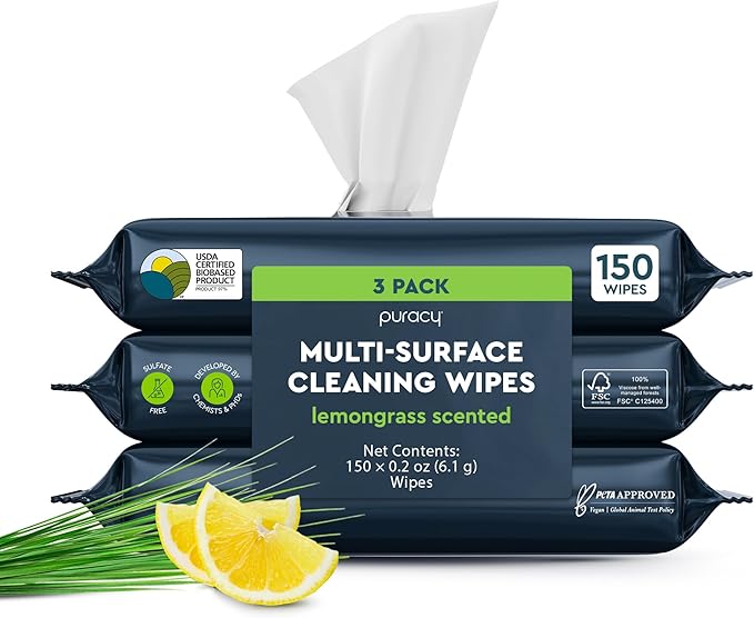 Puracy Multi-Surface Cleaning Wipes – Non Toxic Multi Surface Cleaner for Grease & Grime, All Purpose Appliance Wipes, Lemongrass Scent (10.8 oz, 3 Pack, 150 Count)