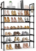 LANTEFUL 6 Tier Shoe Rack for Closet Shoe Organizer with 5 Hooks, Long Shoe Shelf Storage for Shoe and Boot Stackable Free Standing Shoe Rack for Entryway, Garage, Small Spaces, Dorm, Black