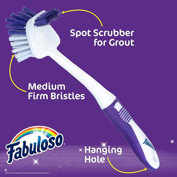 Fabuloso Tile Brush with Spot Scrubber, Long Bathroom Cleaning Brush with Medium Bristles, Shower Scrubber with Hanging Hole for Tile, Grout, Tubs, Floors and Bathroom Walls, 11 Inch