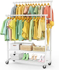 Double Rods Clothes Rack for Hanging Clothes, Heavy Duty Rolling Clothing Rack with Wheels, Freestanding Garment Racks with Oxford Bottom Shelf and Mesh Bottom Shelf for Bedroom Laundry (White)