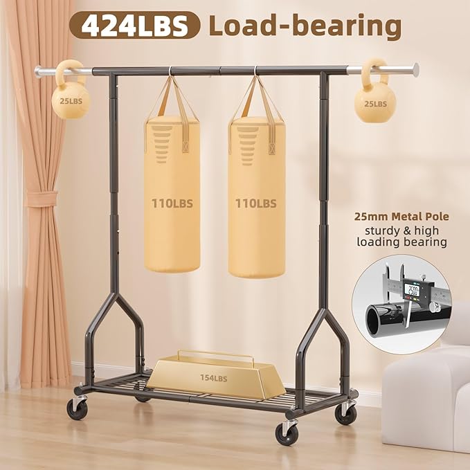 EAGMAK Heavy Duty Clothes Rack Load 424 LBS, Rolling Clothing Rack With Shelves, Adjustable Metal Clothes Hanger with Wheels, Portable Wardrobe Organizer Garment Rod for Hanging Clothes (Black)