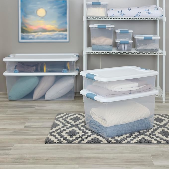 Sterilite 8-Pack Latching Box, Under Bed Storage Bins with Lids, Clear Plastic, 106 Quart - Heavy-Duty Organizing Containers for Closet, Bathroom, and Office