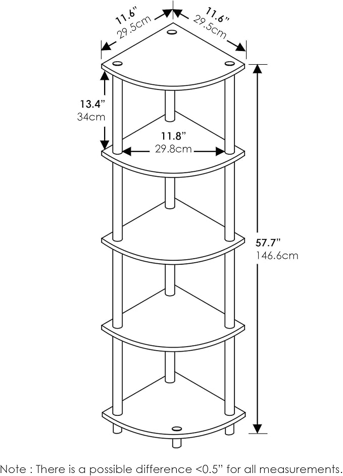 Furinno TURN-N-TUBE Corner Shelf Set of 2, 5-Tier Corner Bookshelf, Open Storage Shelves, for Organization and Storage, Living Room, Home Office, Garage, Dark Brown Grain