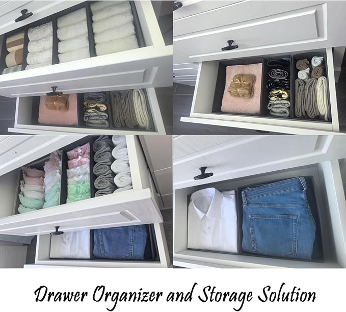 Bructhun Drawer Organizer Set of 4 Khaki - Fabric Storage Bins for Clothes, Underwear, Socks & Bras - 11" Dresser Dividers for Bedroom Closet