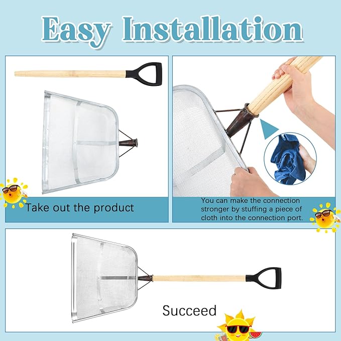 Leaking Soil Shovel Filter 0.08 Inch/ 2 mm Mesh 43.3''L Chicken Poop Scooper Stainless Steel Sieve Sifting Shovel with D Grip Wood Handle for Gardening Farm Chicken Coop Goat Stall
