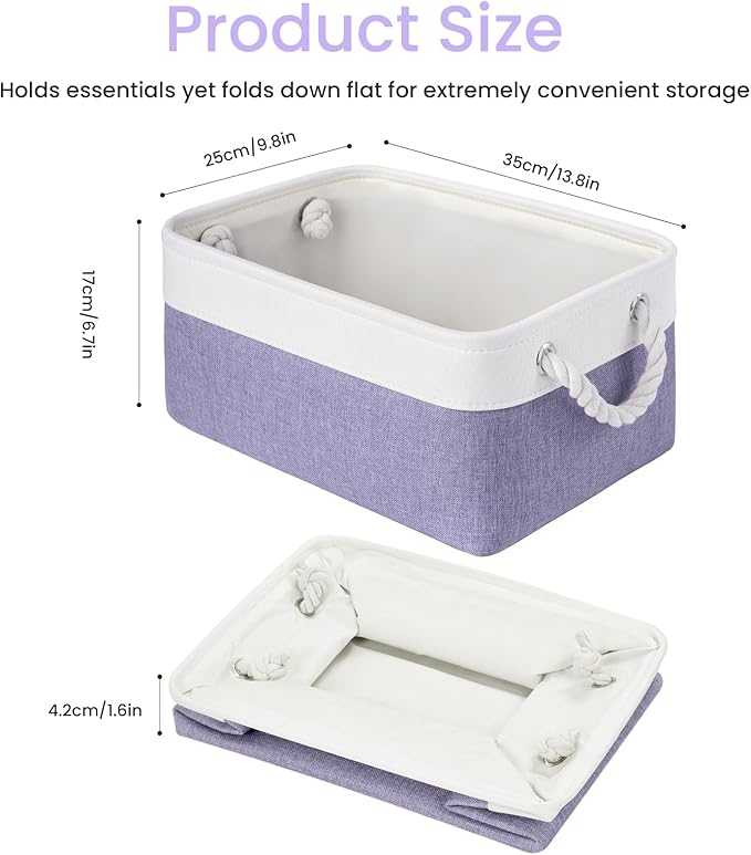 Storage Baskets for Shelves 13.8x9.8x6.7 Inch-Foldable Fabric Organizing Storage Bins with Handles, Closet & Bathroom Organizer, Home Storage for Kitchen, Office (6-Pack, White&Purple)