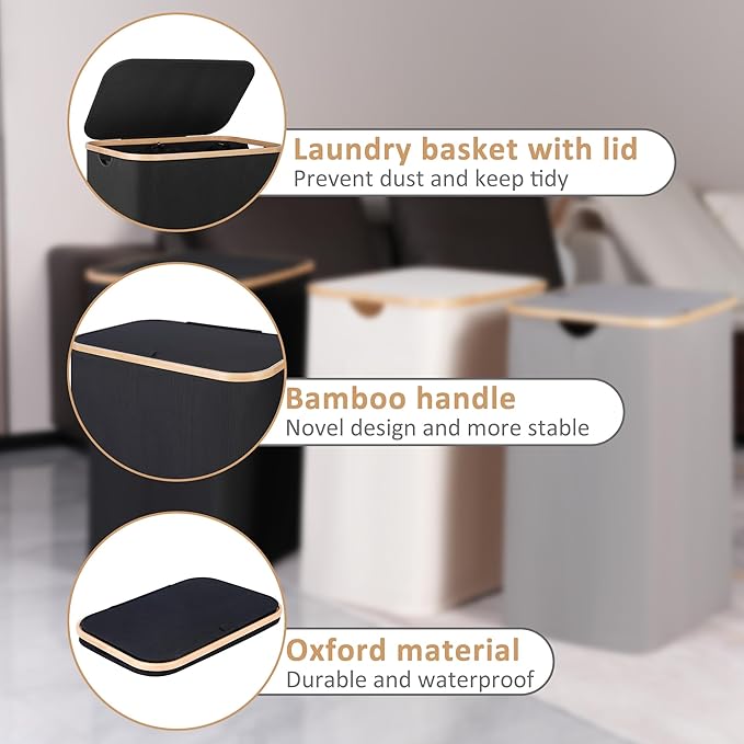 iEGrow 150L Laundry Basket with Lid,Large Laundry Hamper with Bamboo Handles, Hampers for Laundry, Dirty Clothes Hamper with 2 Removable Inner Bags for Clothes Toys Towels,Black