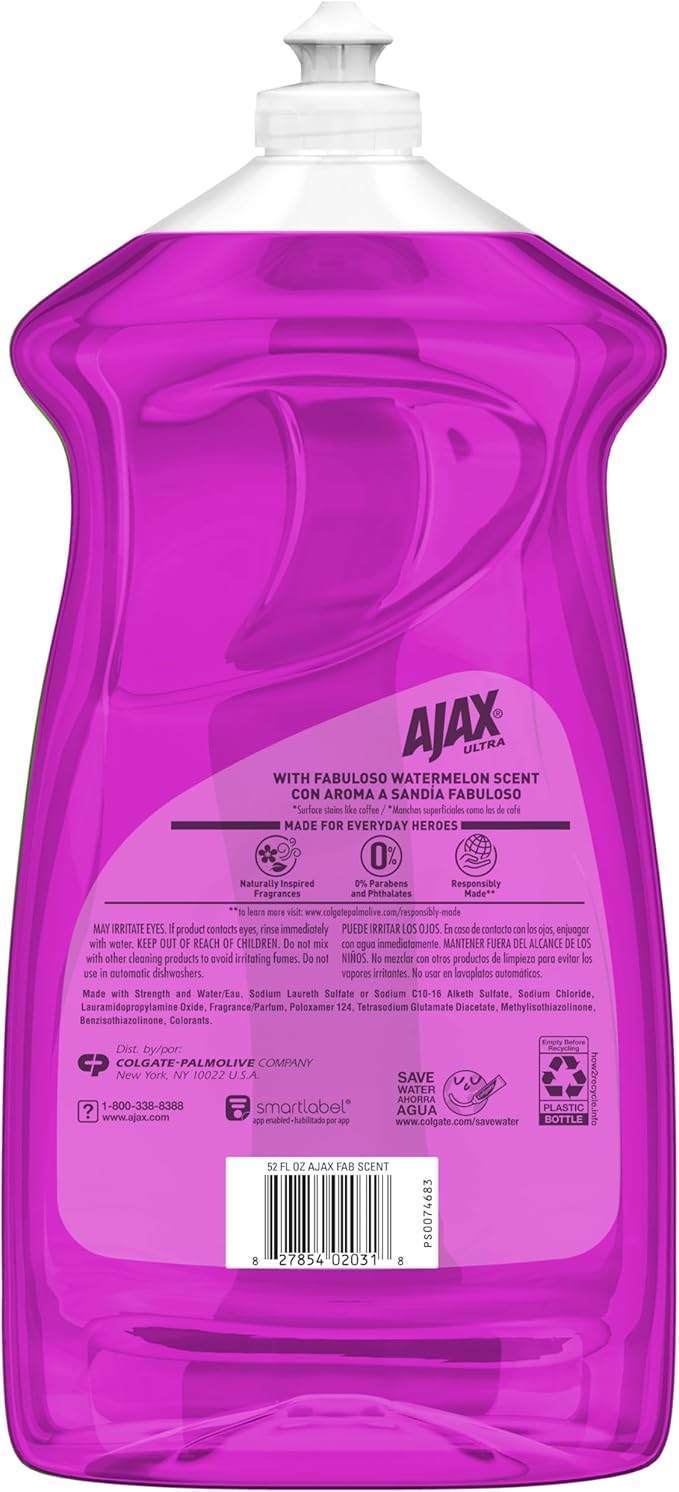 Ajax Ultra Liquid Dish Soap with Fabuloso Watermelon Scent, Fights Grease and Stuck-On Stains, Deep Cleaning Action, Mess-Free, Easy-Flip Cap, 52 fl oz Bottle (Pack of 2)