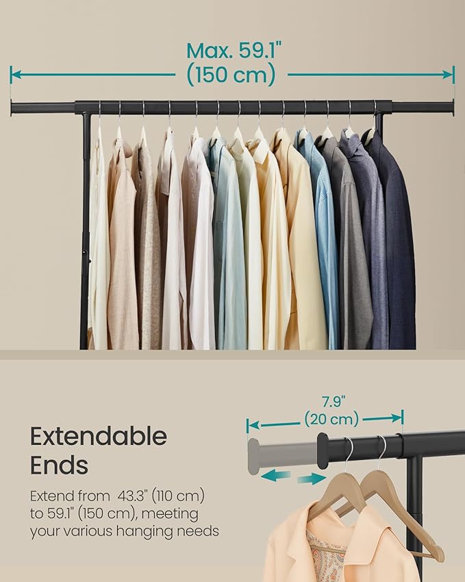 SONGMICS Clothes Rack with Wheels, Heavy-Duty Garment Rack with Extendable Hanging Rod, 286.6 lb Load Capacity, 17.7 x (43.3-59.1) x 64.1 Inches, Chrome-Plated, Matte Black UHSR011B01