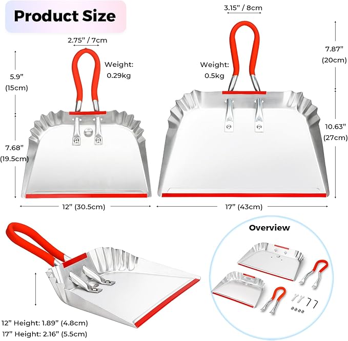 2 Pack Metal Dust Pan 17" and 12", Aluminum Heavy Duty Dust Pans with Non-Slip Rubber Handle, Large and Small Dustpan Set, Lightweight for Sweeping, Garage, Leaf, Household & Outdoor Cleaning