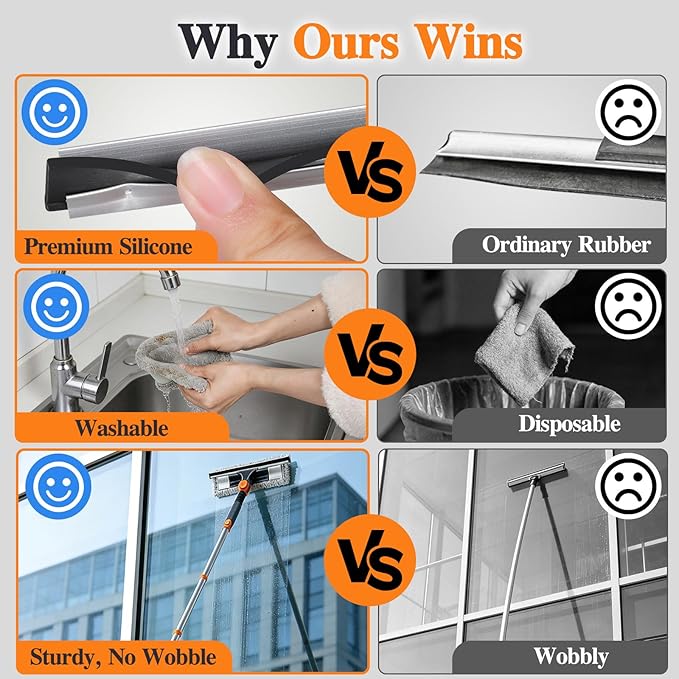 MASTERTOP 64”Window Squeegee with Extension Pole, 2-in-1 Professional Window Glass Cleaner Tool,Microfiber Cloth Window Washer Tool, Home Window Squeegee for Glass, Tile, Mirror