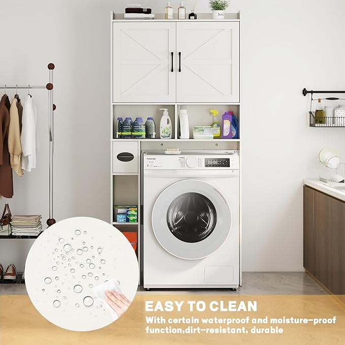 Over The Toilet Storage Cabinet, 32" W Over Toilet Bathroom Organizer with Toilet Paper Holder Stand, Home Space-Saving Toilet Rack with Shelves for Bathroom, Restroom (2 Barn Doors, White)