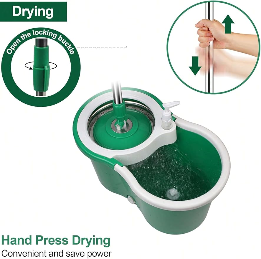 Spin Mop and Bucket with Wringer Set, 360° Spinning Mop Bucket System with 3 Microfiber Mop Replacement Heads, Adjustable Handle for Floor Cleaning (Green)