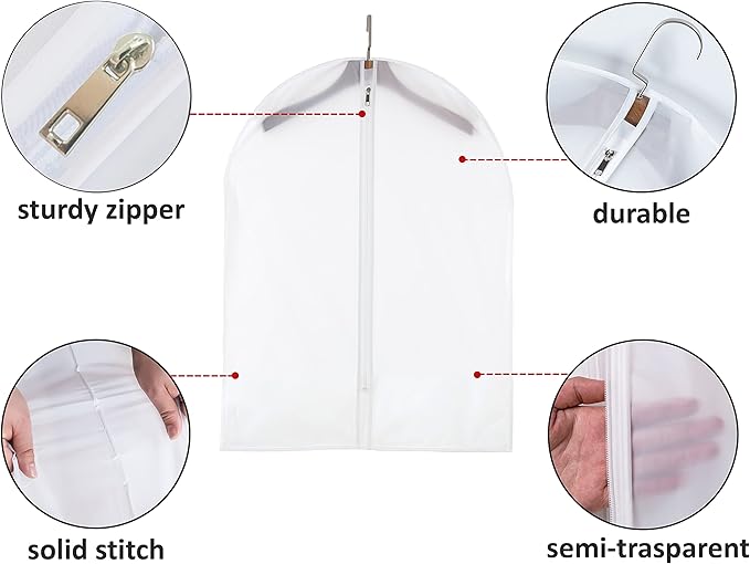 MsKitchen 6 Pack Short Garment Bags (24x31") - Dustproof Covers for Kids Clothes - Durable PEVA Storage Bags with Sturdy Zipper for Dance Costumes, Tops & Folded Pants (Translucent)