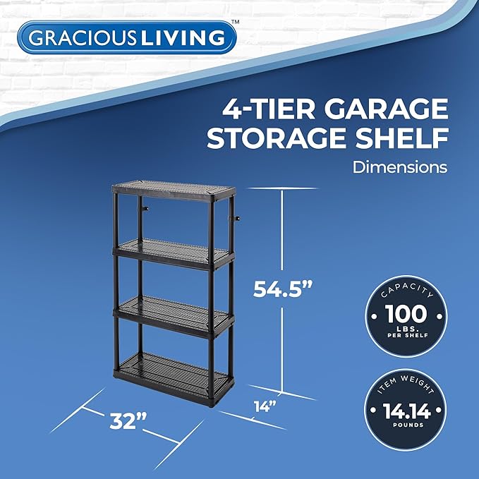 Gracious Living 4 Shelf Fixed Height Ventilated Medium Duty Storage Unit 14 x 32 x 54.5" Organizer System for Home, Garage, Basement, & Laundry, Black