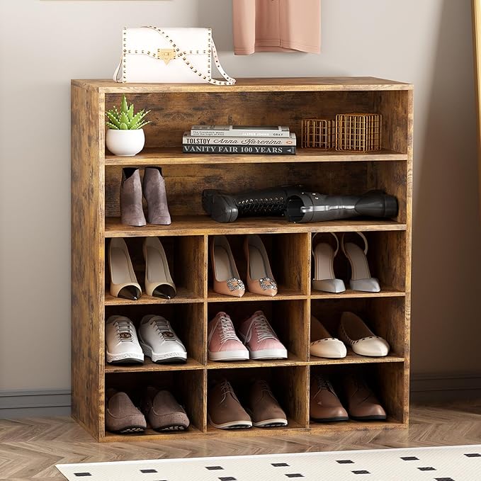 Garden 4 you Shoe Rack Organizer, 5-Tier Wood Cubby Shoe Rack with 2 Storage Shelf and 9 Cubbies, Shoe Organizer Cabinet for Entryway, Hallway, Closet and Garage,Brown