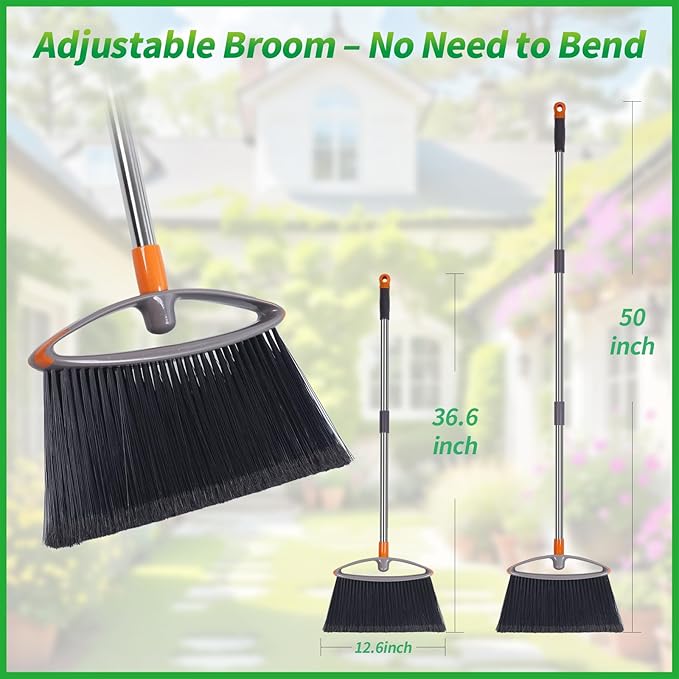 2 Pack Soft Bristle Broom, Heavy Duty Broom with Collapsible Handle, Ideal for Indoor Outdoor Hardwood Floors Kitchen Salon Camping Cat Pets Hair Home Room Office, Sturdy and Durable, Gray