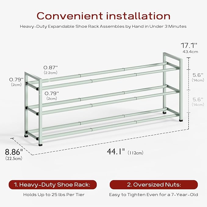 Bumusty 3-Tier Long Expandable Shoe Rack for Closet, 18"-44" Adjustable Shoe Rack for Entryway, 15-18 Pairs Large Shoe Organizer Shelf Storage, Sturdy Metal, Green