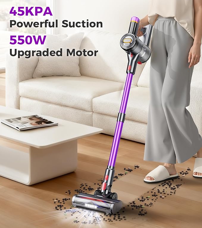 VIAFLY Cordless Vacuum Cleaner, 550W/45Kpa/60Mins Stick Vacuum, Anti-Tangle Vacuum Cleaners for Home with Self-Standing, LDE Display, 8-in-1 Wireless Vacuum for Carpet Pet Hair Hardfloor