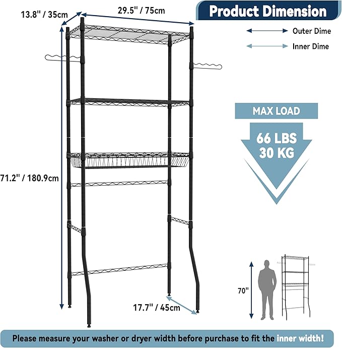 Laundry Room Storage Shelf, 3 Tier Metal Over Washer and Dryer Shelves, Adjustable Washing Machine Shelf with Basket & Hanger Rods, Bathroom Space Saver Shelf, 29.5" L x 17.7" W x 71.2" H, Black