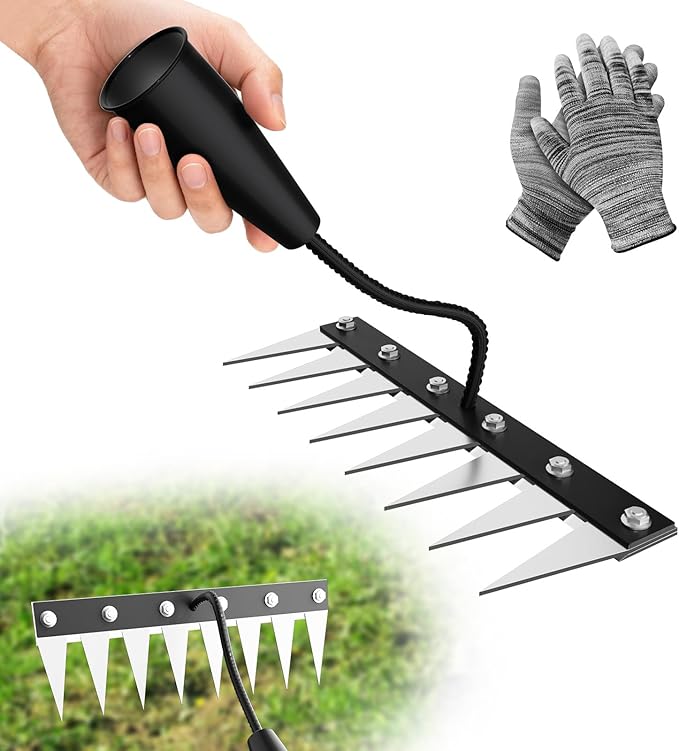 Iron Weeding Rake Without Handle (Assembled), 8 Teeth Iron Rakes for Gardening and Weedings, Heavy-Duty Carbon Steel Weed Rake or Weed Puller Tool for Yard, Lawn, Patio and Garden, Gloves Included