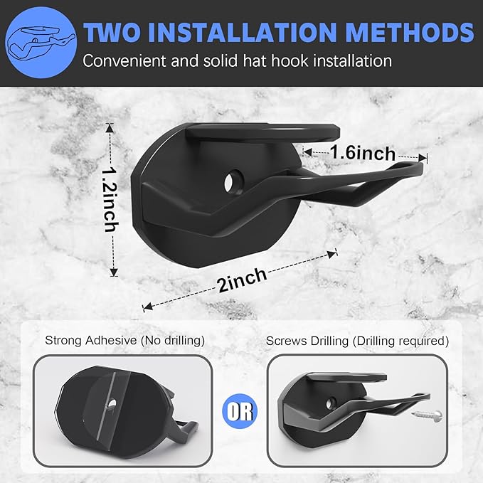 Niunuerga 16 Pack Adhesive Hat Hooks for Wall, Strong Hat Rack for Baseball Caps, Hat Organizer Display for Home Decor, Hat Hold Hanger for Wall, Door, Closet, No Drilling - USA Patented (Black)