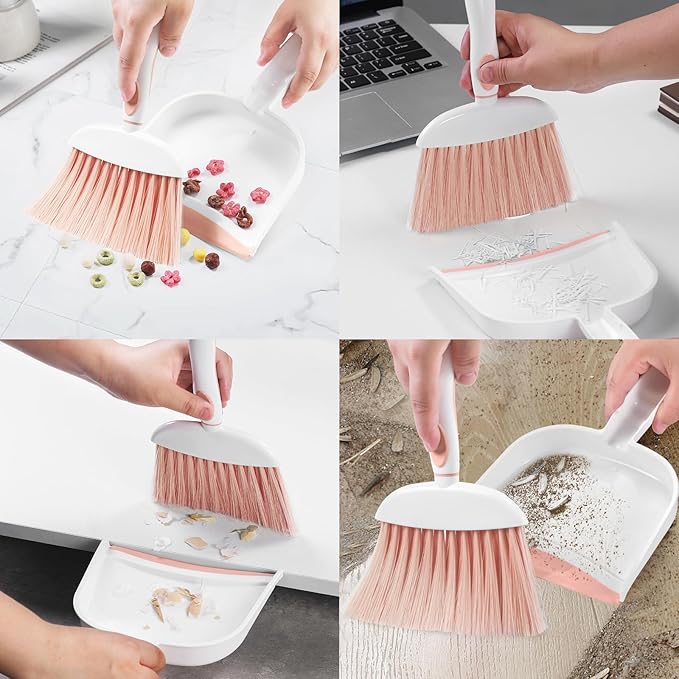 NACENA Small Dust Pan and Brush Set, Mini Broom and Dustpan Set Small Hand Broom and Brush Combo Dust Pan for Home Cleaning Drawers Desktop Sofas and Outdoor, Pink