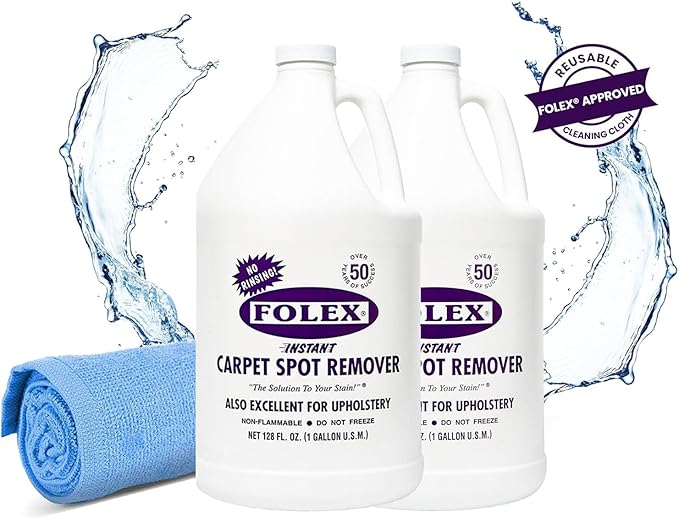 FOLEX Instant Carpet Spot Remover 128 oz - Powerful Stain Remover for Carpets, Upholstery & Rugs - Eliminates Pet Stains, Grease, Red Wine, Food, Makeup & More - With Reusable Cleaning Cloth - 2 Pack