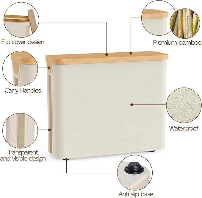 Toilet Paper Storage Basket with Bamboo Lid, Toilet Paper Holder with Storage, Free Standing Bathroom Storage Organizers with Non-Slip Bottom Beige, 1 Pack